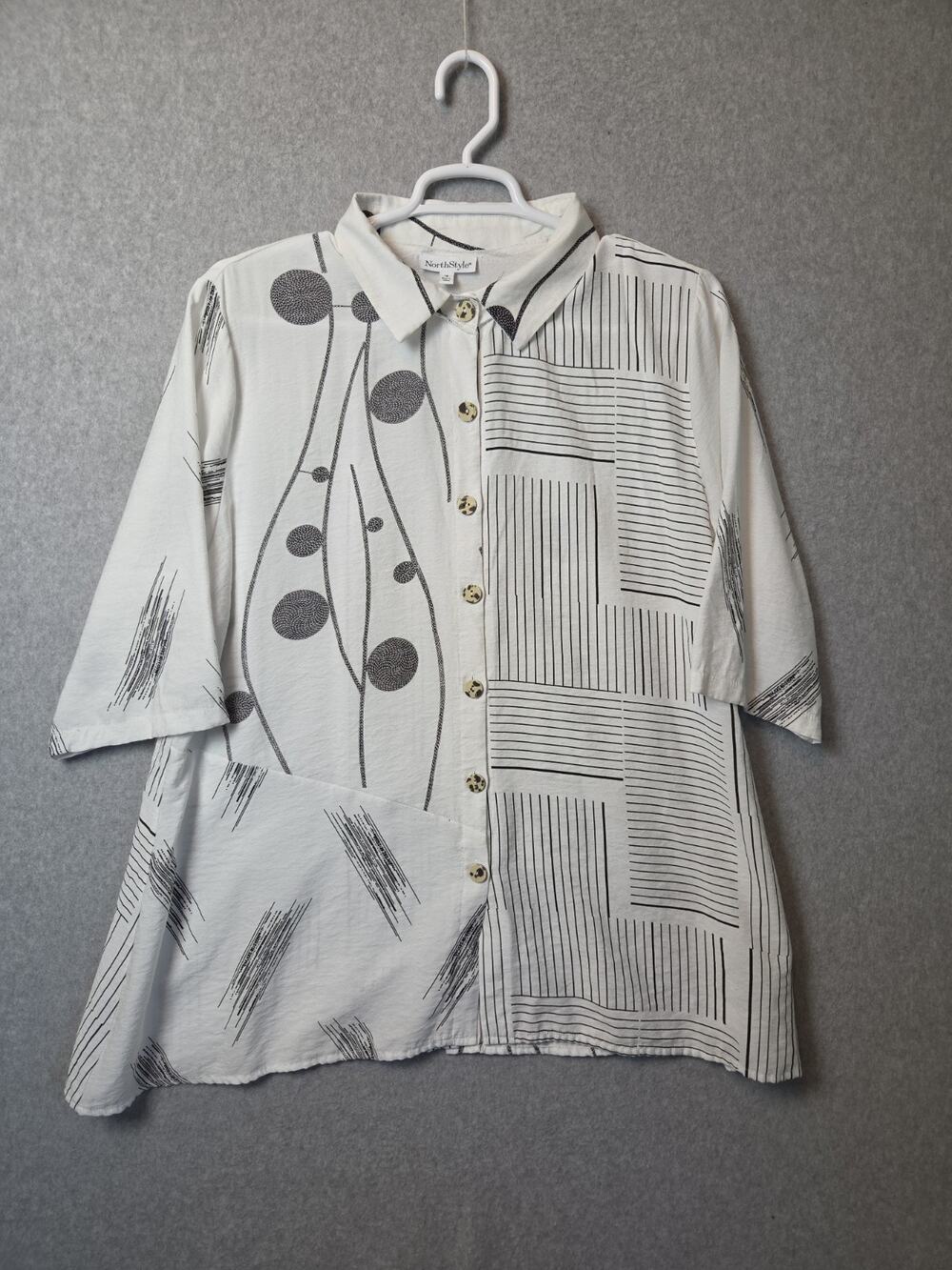 NorthStyle White Mixed Pattern 1/2 Sleeve Button Up Tunic Women's Plus 1X
